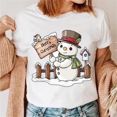 Women Fashion Cartoon Cute Christmas Tree Elk Truck Print Round Neck Short Sleeve T-Shirt