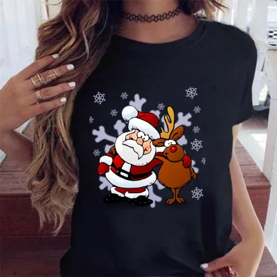 Women Fashion Cartoon Cute Christmas Tree Elk Truck Print Round Neck Short Sleeve T-Shirt
