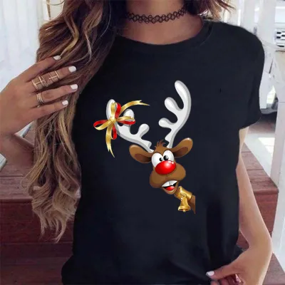 Women Fashion Cartoon Cute Christmas Tree Elk Truck Print Round Neck Short Sleeve T-Shirt
