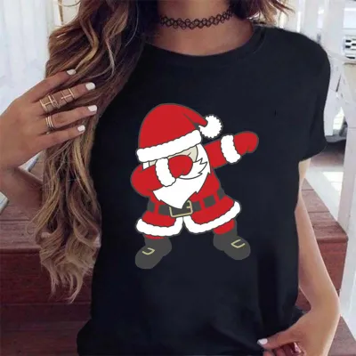Women Fashion Cartoon Cute Christmas Tree Elk Truck Print Round Neck Short Sleeve T-Shirt