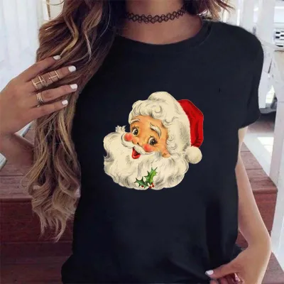 Women Fashion Cartoon Cute Christmas Tree Elk Truck Print Round Neck Short Sleeve T-Shirt