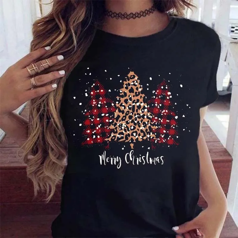 Women Fashion Cartoon Cute Christmas Tree Elk Truck Print Round Neck Short Sleeve T-Shirt