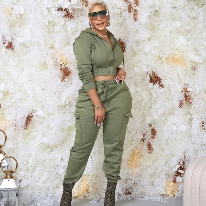 Autumn Winter Women Athleisure Casual Crop Sweatshirt Pocket Cargo Pants Two-Piece Set