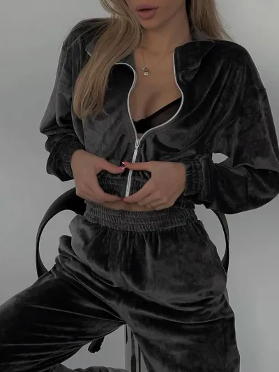 Women's Velvet Athleisure Long Sleeve Cardigan Pants Set - Street Hipster Solid Color