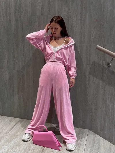 Women's Velvet Athleisure Long Sleeve Cardigan Pants Set - Street Hipster Solid Color