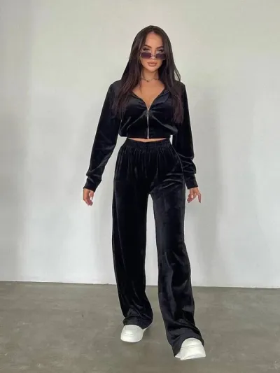 Women's Velvet Athleisure Long Sleeve Cardigan Pants Set - Street Hipster Solid Color