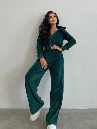 Women's Velvet Athleisure Long Sleeve Cardigan Pants Set - Street Hipster Solid Color