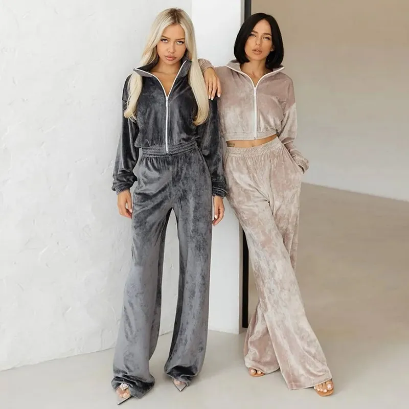 Women's Velvet Athleisure Long Sleeve Cardigan Pants Set - Street Hipster Solid Color