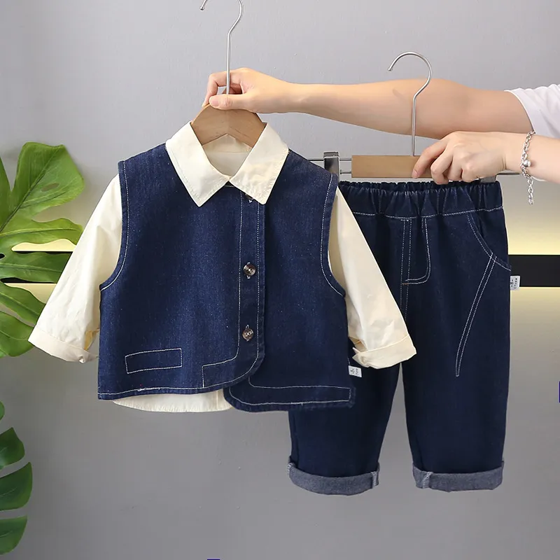 Kids Toddler Boys Fashion Casual Solid Color Long Sleeve Shirt Denim Vest Jeans Set