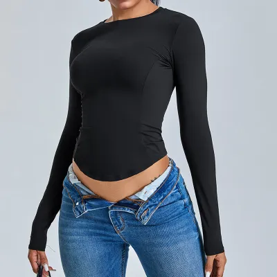 Women Casual Yoga Running Tight Fit Round Neck Long Sleeve T-Shirt