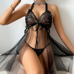 Summer Women Fashion Sexy Mesh See-Through Butterfly Halter Neck Bra Set