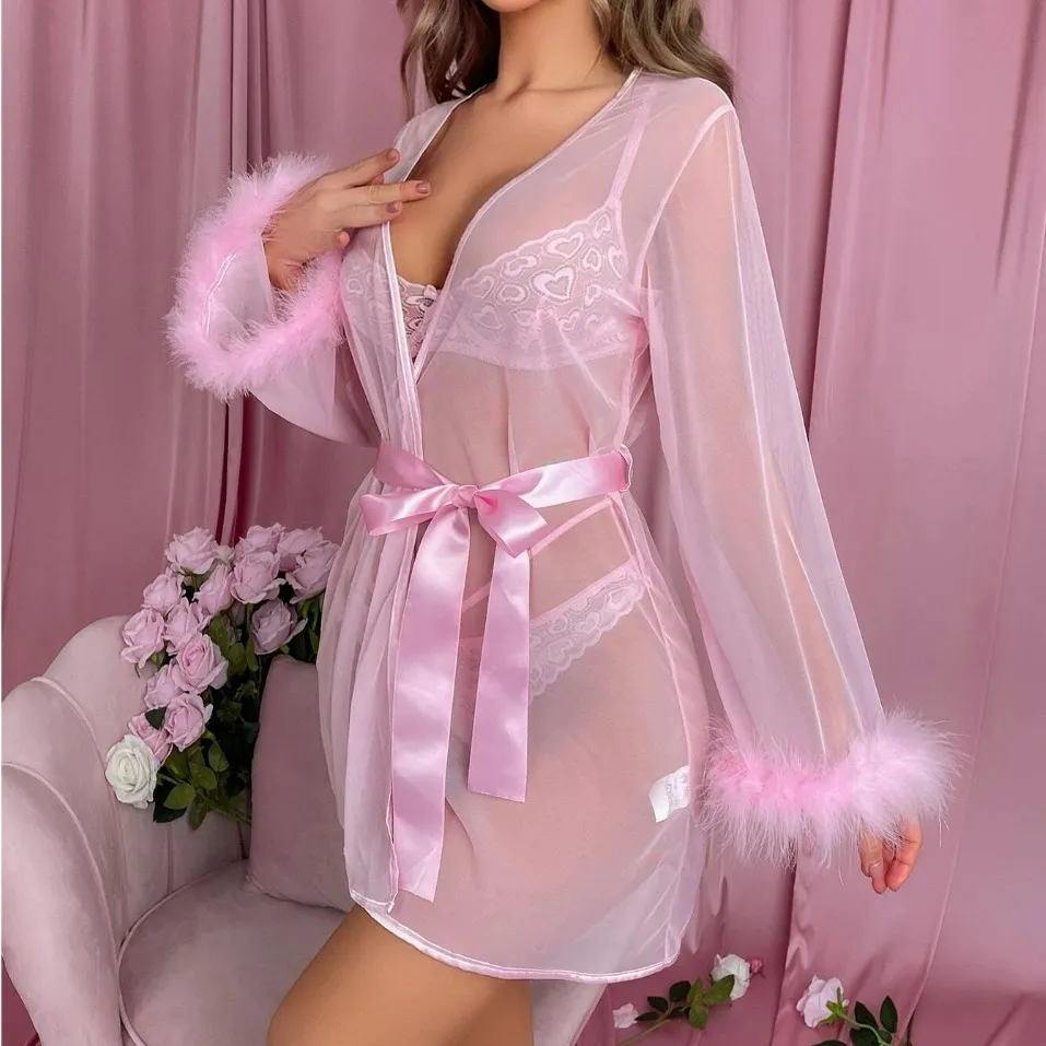 Summer Women Fashion Sexy Mesh Perspective Feather Stitching Long Sleeve Nightgown