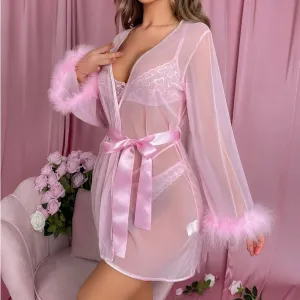 Summer Women Fashion Sexy Mesh Perspective Feather Stitching Long Sleeve Nightgown