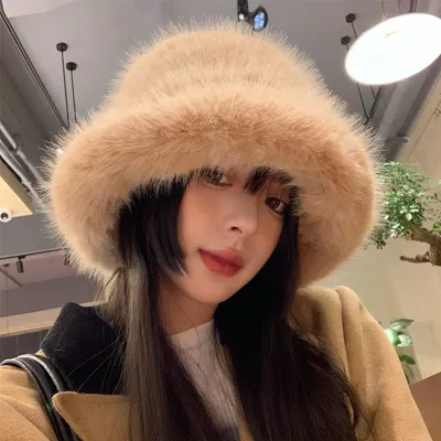 Women'S Fashion Solid Color Warm Plush Bucket Hats Autumn Winter