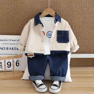 Kids Toddler Boys Fashion Casual Smiley Print Long Sleeve T-Shirt Stripe Shirt Jeans Three-Piece Set