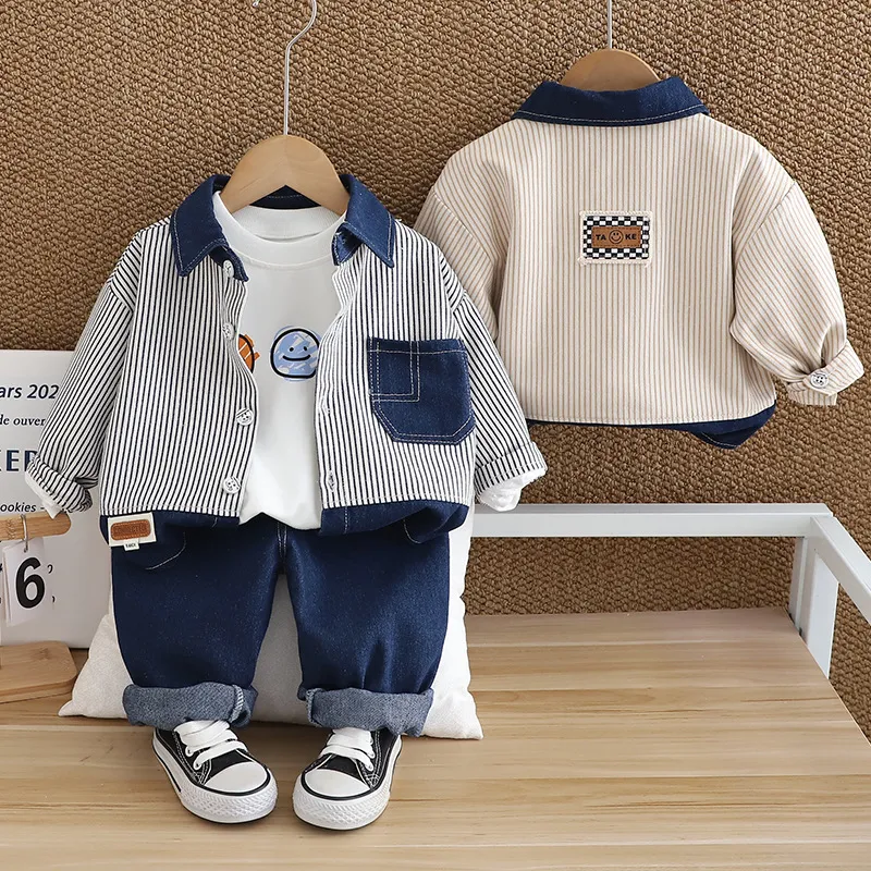 Kids Toddler Boys Fashion Casual Smiley Print Long Sleeve T-Shirt Stripe Shirt Jeans Three-Piece Set