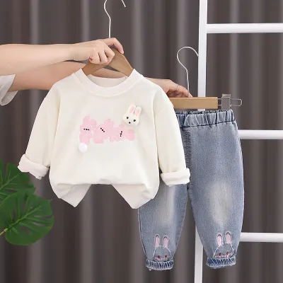 Kids Toddler Girls Casual Cute Cartoon Long Sleeve Sweatshirts Jeans Set