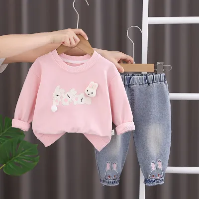 Kids Toddler Girls Casual Cute Cartoon Long Sleeve Sweatshirts Jeans Set