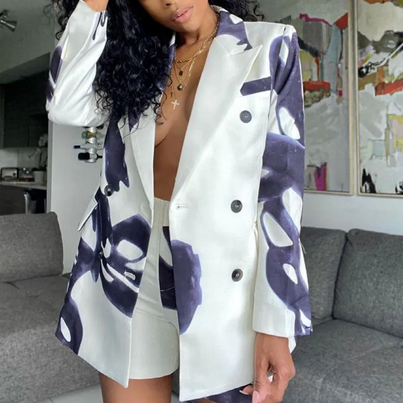 Women Fashion Printed Loose Long Sleeve Blazer Jacket Shorts Two-Piece Set