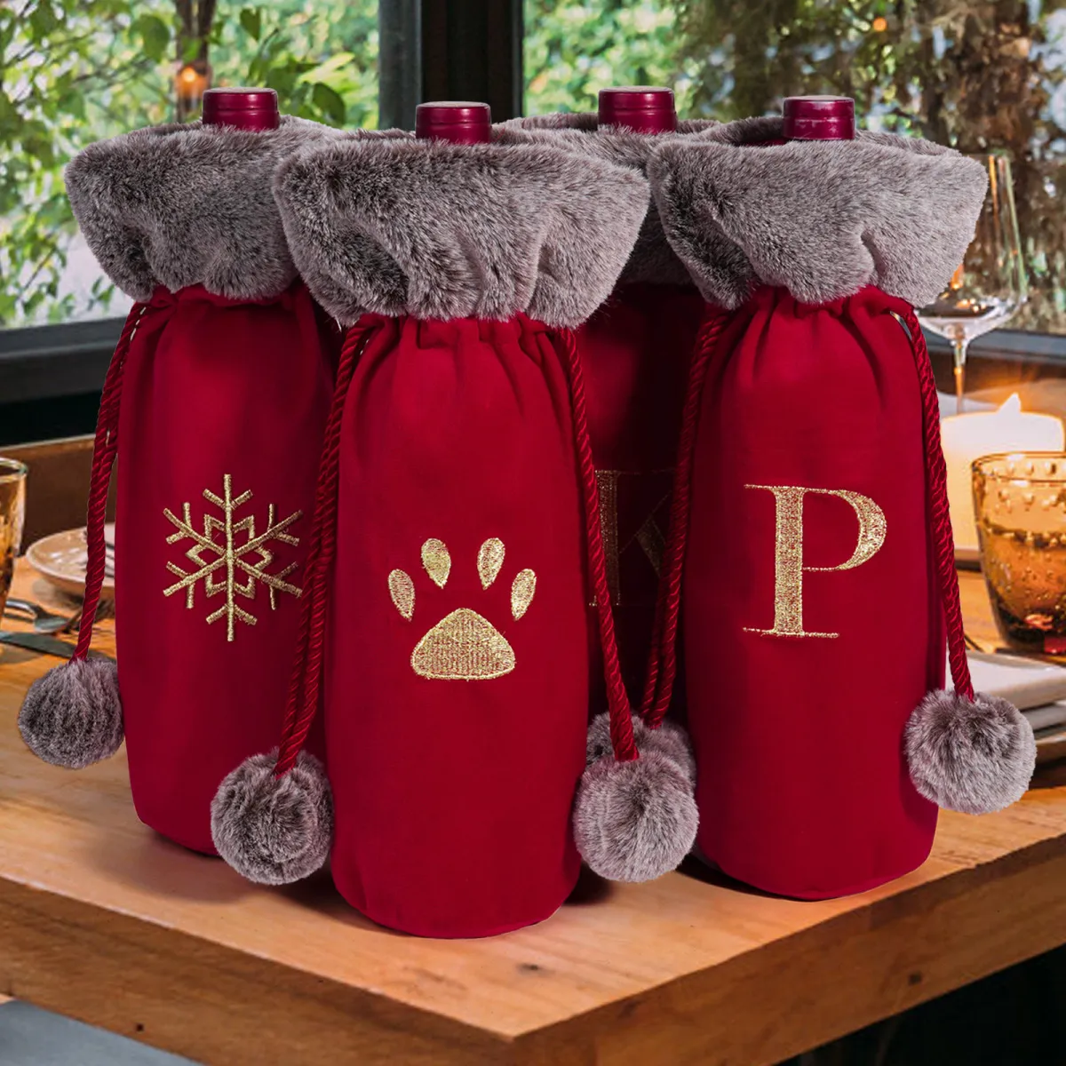 Cartoon Letters Snowflake Plush Corset Wine Bottle Cover Christmas Decoration
