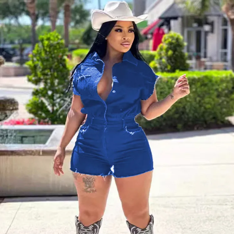 Women Street Hipster Denim Jumpsuit with Wide Legs and Elastic Waist