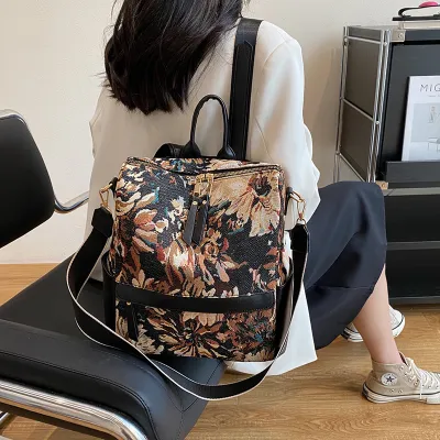 Fashion Large Capacity Oil Painting Canvas Backpack for Women Geometric Pattern
