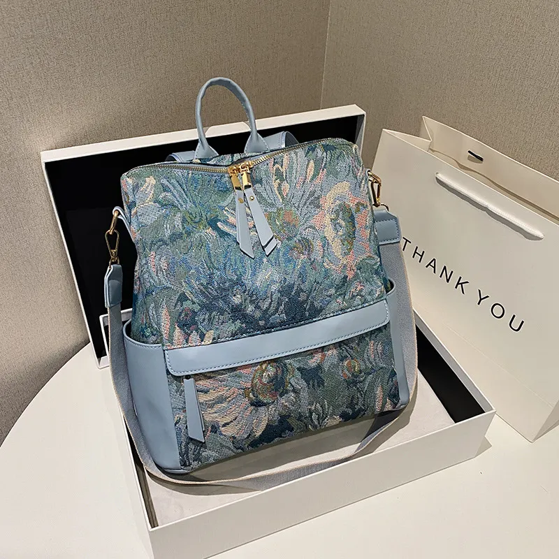 Fashion Large Capacity Oil Painting Canvas Backpack for Women Geometric Pattern