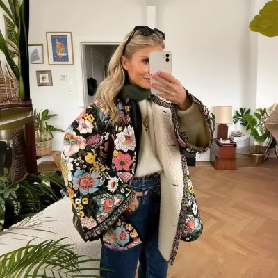 Autumn And Winter Women's Floral Printed Fleece-Lined Warm Coat