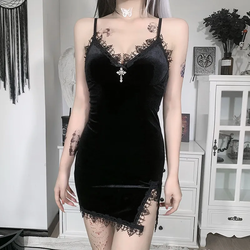 Summer Women Gothic Lace Cross Velvet Sling Dress