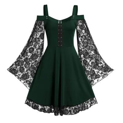 Women Vintage Gothic Lace Stitching Horn Sleeve Midi Dress