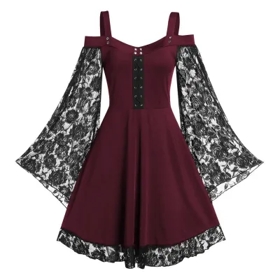 Women Vintage Gothic Lace Stitching Horn Sleeve Midi Dress