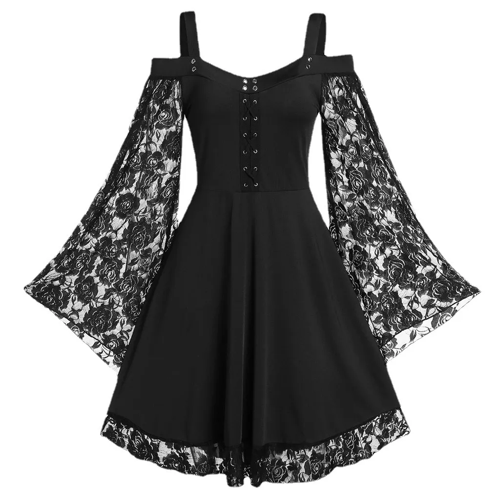 Women Vintage Gothic Lace Stitching Horn Sleeve Midi Dress