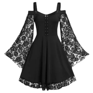 Women Vintage Gothic Lace Stitching Horn Sleeve Midi Dress