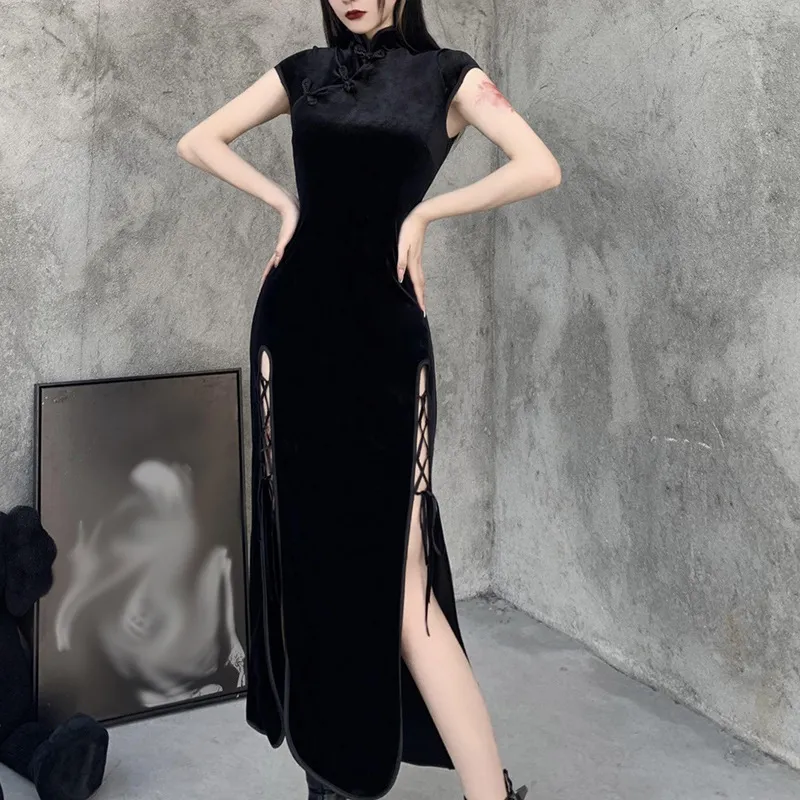 Women Fashion Sexy Dark Gothic Split Strap Cheongsam Dress
