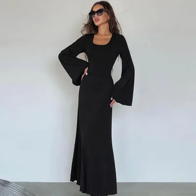 Women Fashion Loose Solid Color Square Collar Back Lace-Up Long Sleeve Maxi Dress