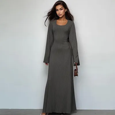 Women Fashion Loose Solid Color Square Collar Back Lace-Up Long Sleeve Maxi Dress