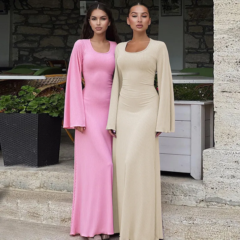 Women Fashion Loose Solid Color Square Collar Back Lace-Up Long Sleeve Maxi Dress