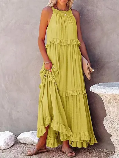 Summer Women Loose Casual Solid Color Ruffled Sleeveless Maxi Dress