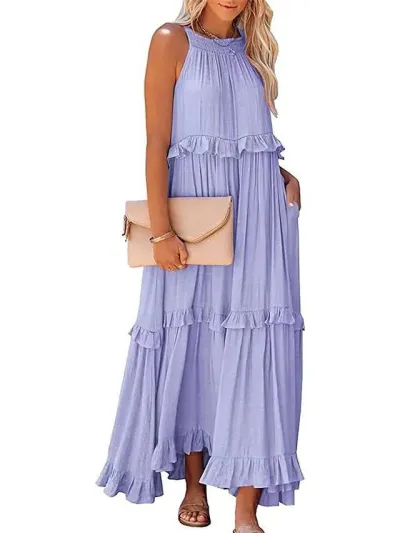 Summer Women Loose Casual Solid Color Ruffled Sleeveless Maxi Dress