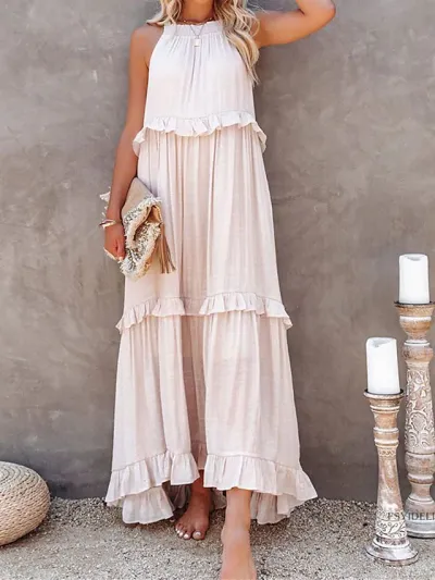 Summer Women Loose Casual Solid Color Ruffled Sleeveless Maxi Dress