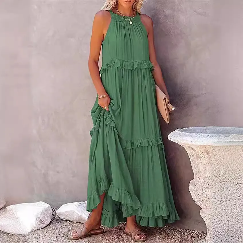 Summer Women Loose Casual Solid Color Ruffled Sleeveless Maxi Dress
