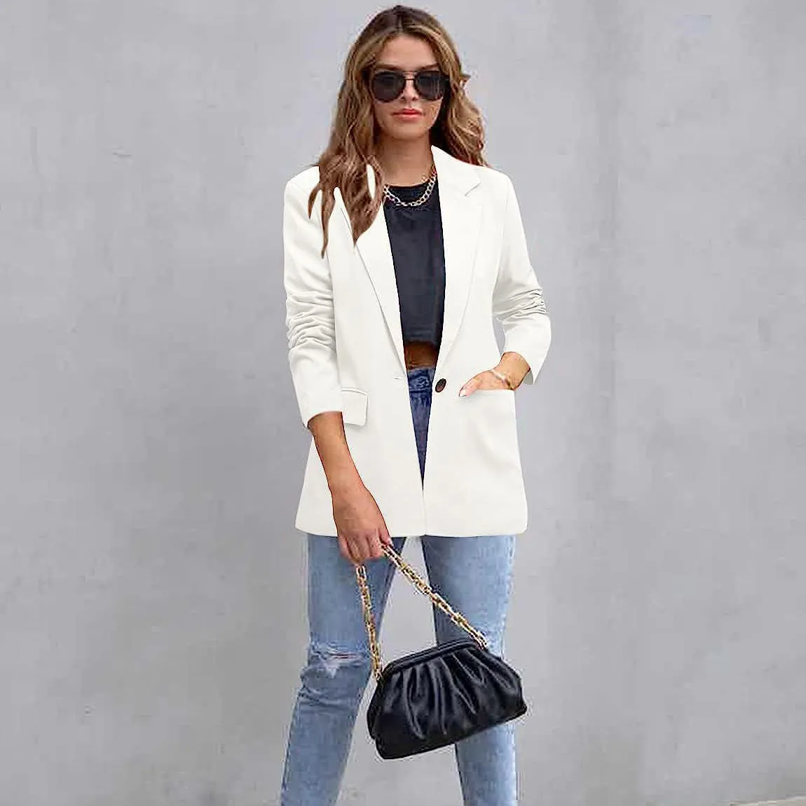 Women Slim Fit Long Sleeve Blazer Coat Solid Color Commuter Style