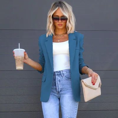 Women Autumn Winter Casual Slim Fit Pocket Solid Blazer Coat