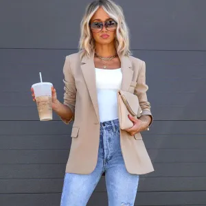 Women Autumn Winter Casual Slim Fit Pocket Solid Blazer Coat