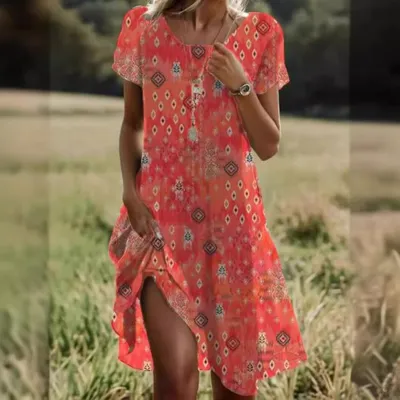 Summer Boho Ethnic Geometric Print Midi Dress Women Casual