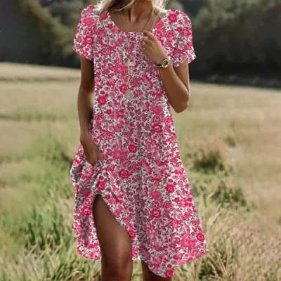 Summer Boho Ethnic Geometric Print Midi Dress Women Casual