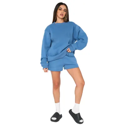 Athleisure Cotton Solid Color Round Neck Pullover Long Sleeve Sweatshirt Women Casual Pants Set