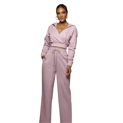 Women's Athleisure Casual Solid Color V Neck Crop Hoodie Slim-Fit Pants Set Autumn Winter