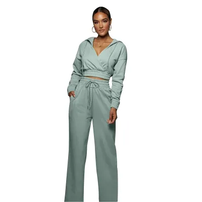 Women's Athleisure Casual Solid Color V Neck Crop Hoodie Slim-Fit Pants Set Autumn Winter