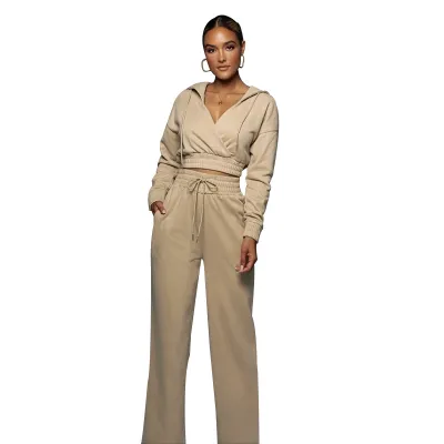 Women's Athleisure Casual Solid Color V Neck Crop Hoodie Slim-Fit Pants Set Autumn Winter
